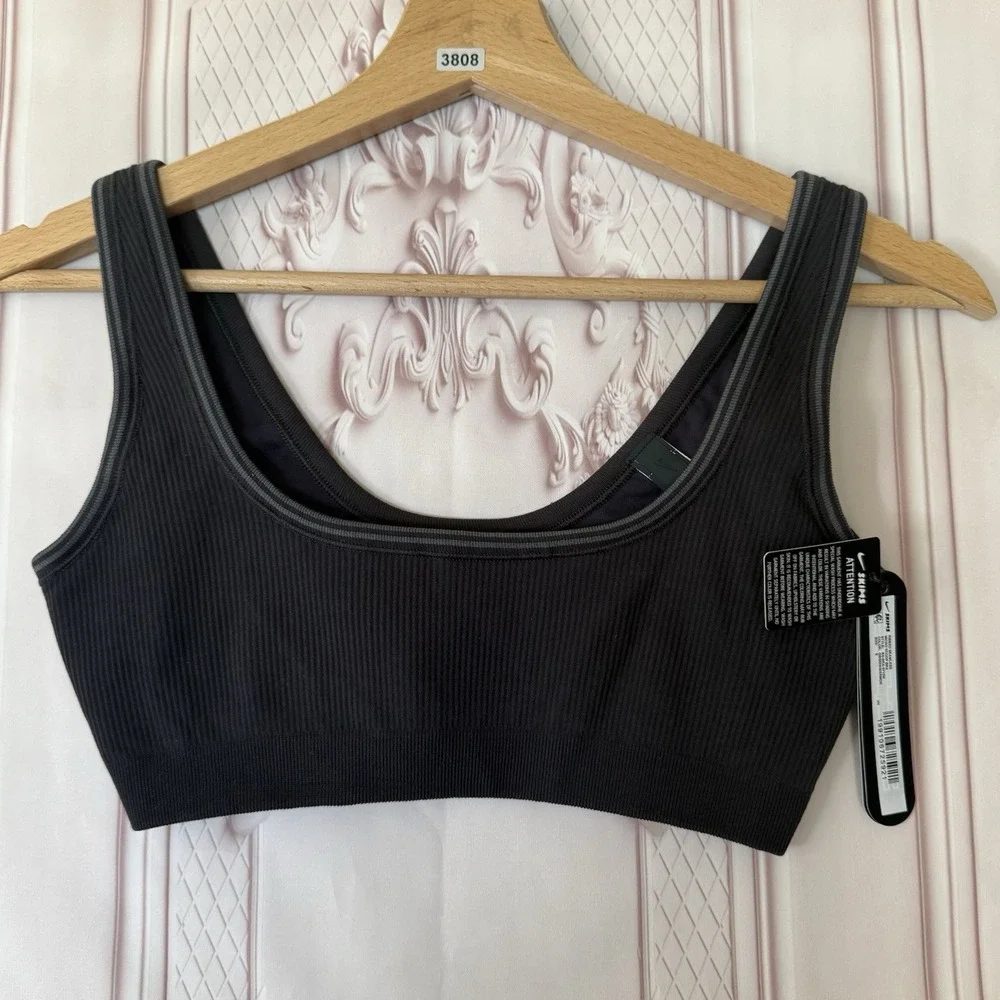 NWT SKIMS X Nike Ribbed Seamless Micro Scoop Bra Sz S Obsidian/Armor - Picture 2 of 11